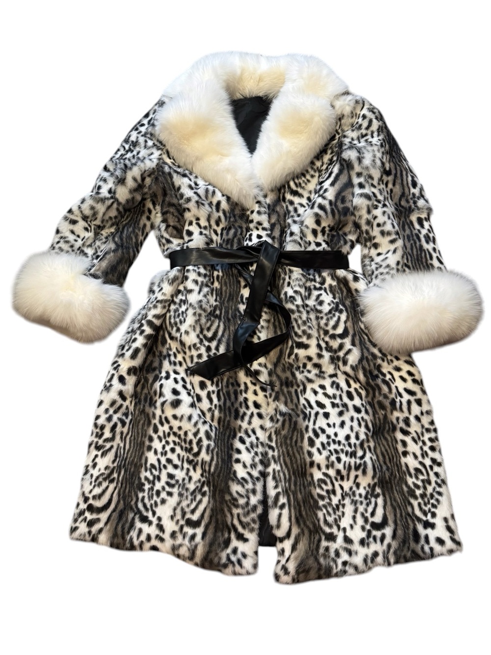 Luxury White & Black Leopard Print rabbit Fur Coat with White fox Collar - Picture 9 of 16